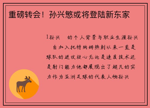 重磅转会！孙兴慜或将登陆新东家