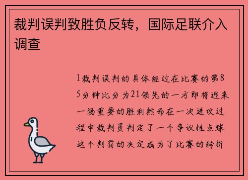 裁判误判致胜负反转，国际足联介入调查